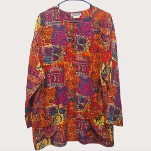 Jaeger Full Color 100% Silk Long Sleeve Front Pocket Blouse Plus Size M